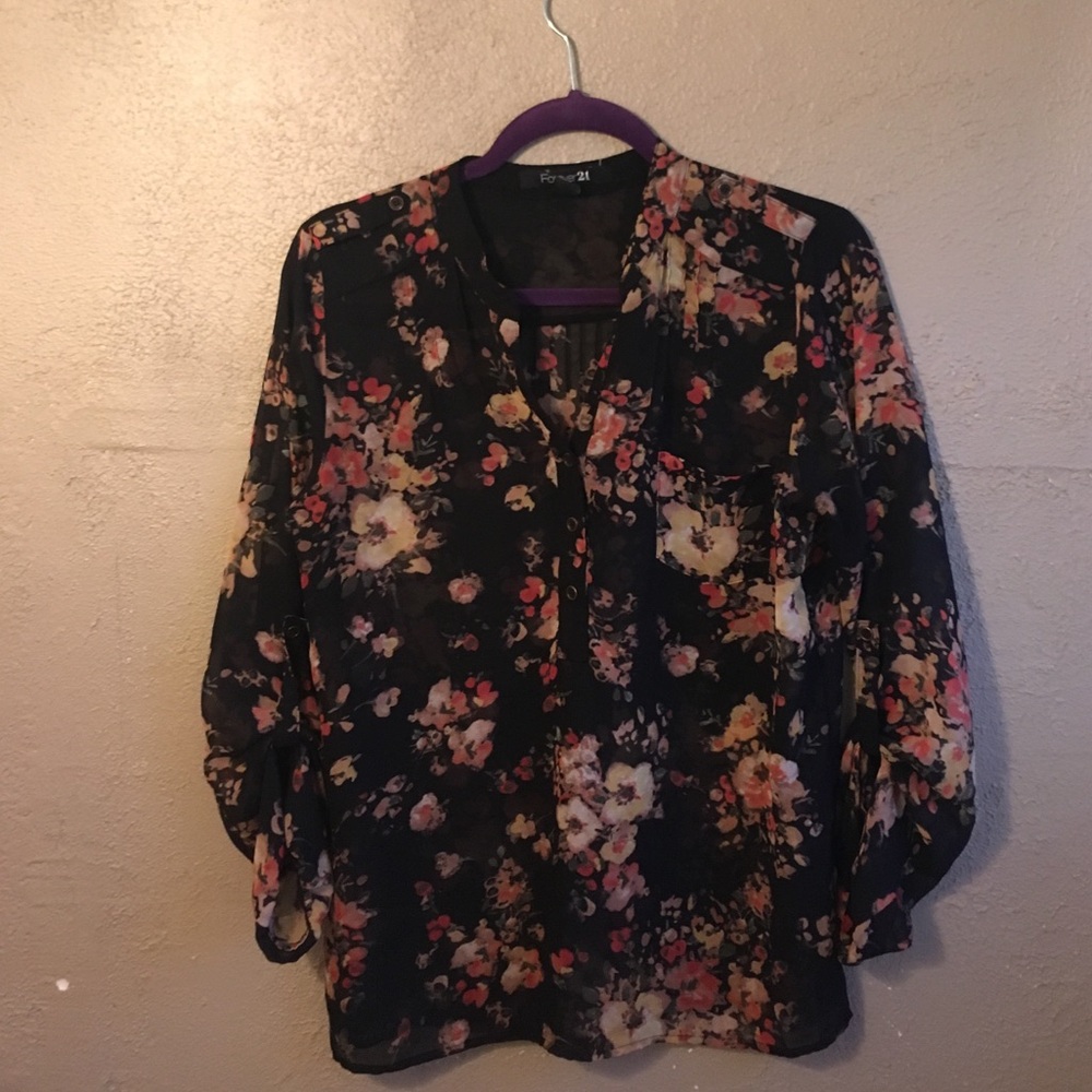 Forever 21 black floral sheer blouse